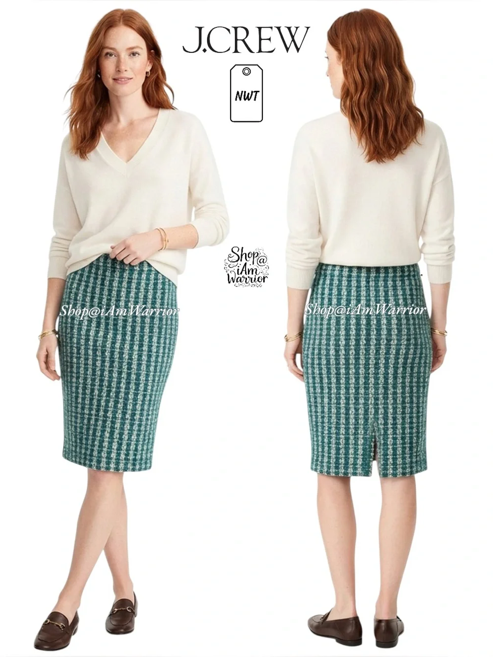 J.Crew NWT No. 2 Teal/Green Metallic Tweed Bouclé Windowpane Pencil Skirt